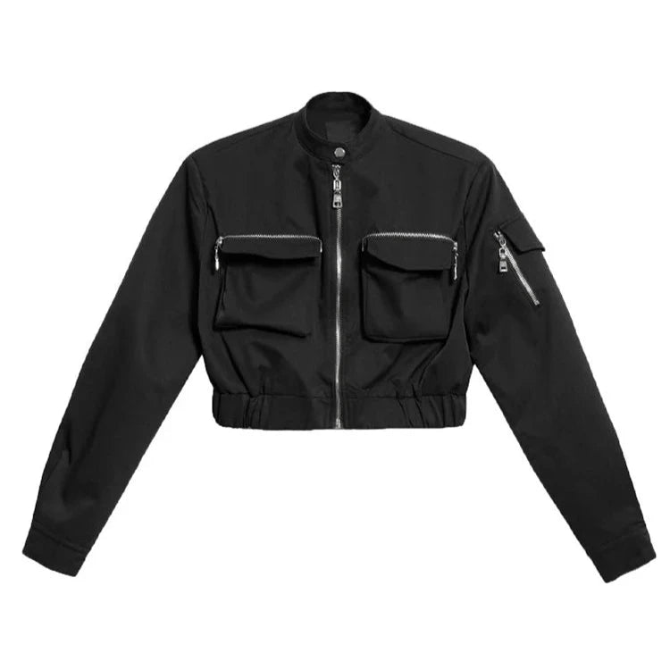 Casual Minimal Goth Cropped Bomber Jacket-SimpleModerne