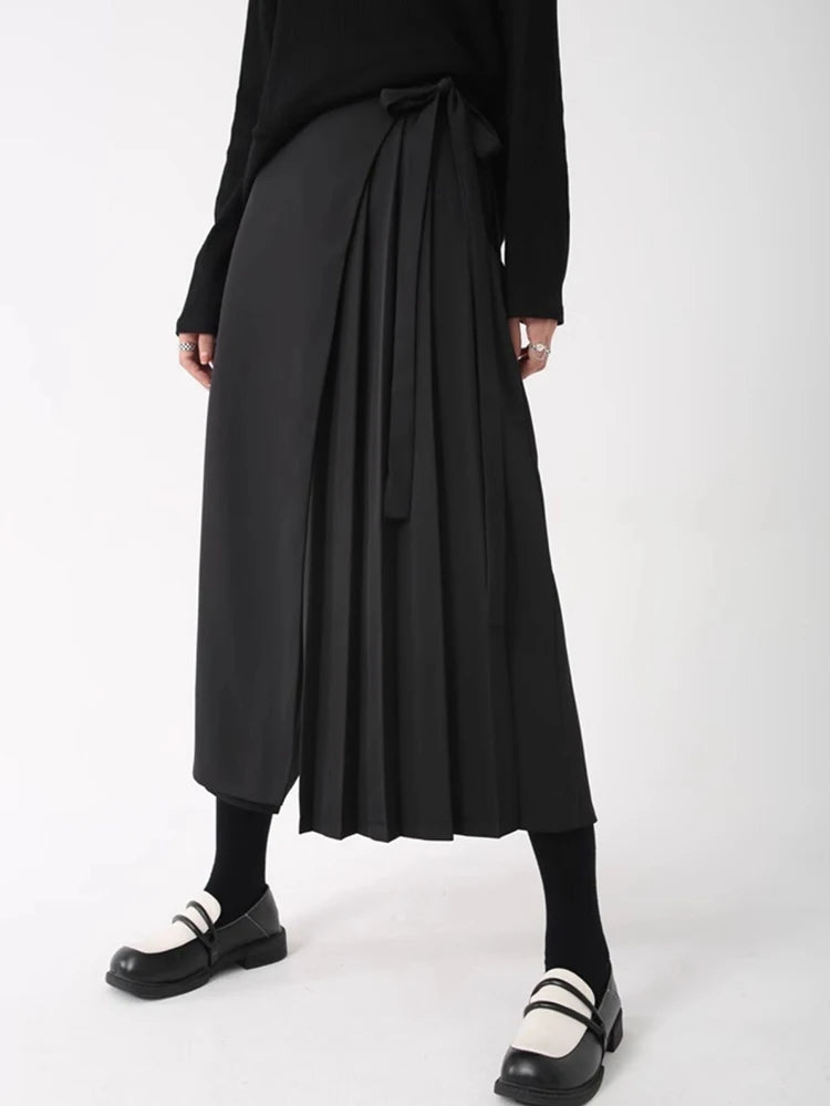 Black Skirt-Pant Hybrid with Pleated Overlay – Edgy and Unique Design for Modern Styles-SimpleModerne