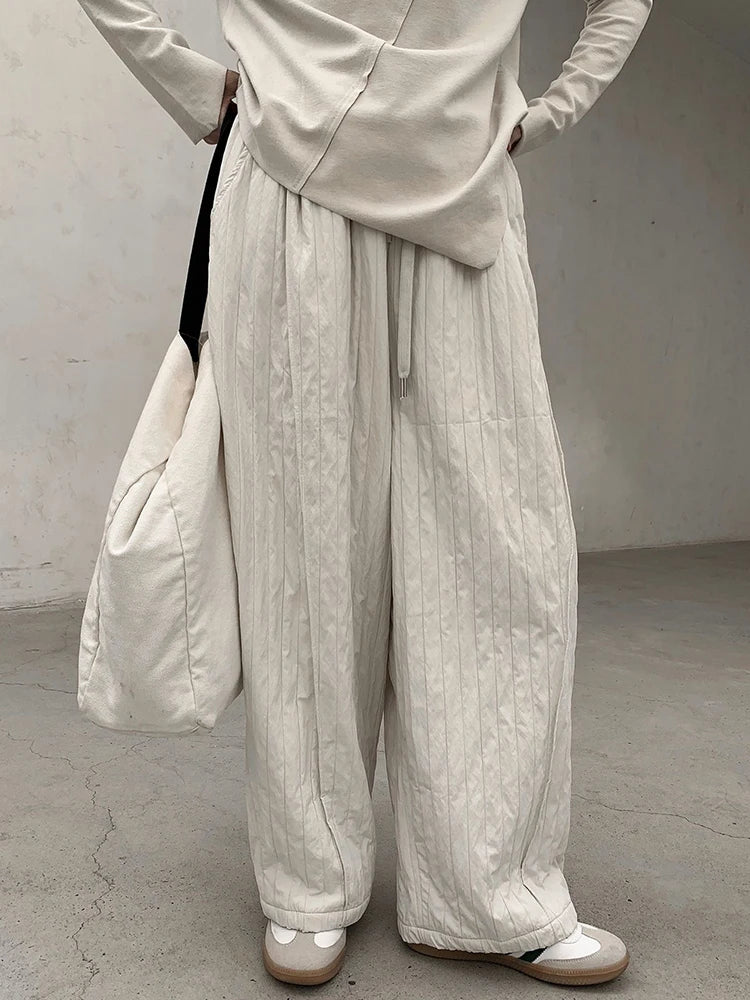 Winter Warm Wide-Leg Quilted Trousers | Beige, Textured Ruffled Pattern, Relaxed Fit-SimpleModerne