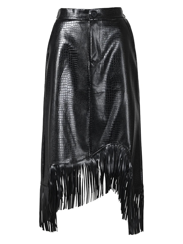 Vegan Leather Asymmetrical Skirt with Fringe Details-SimpleModerne