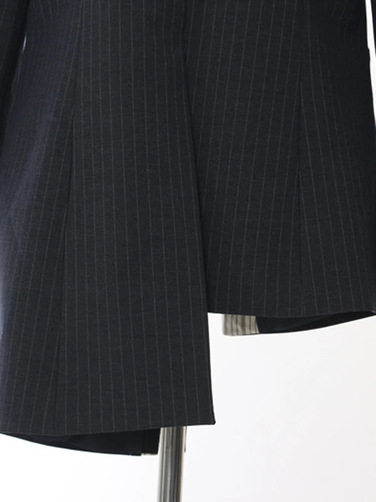 Asymmetrical Navy Blue Pinstripe Blazer with Contrast Panels-SimpleModerne