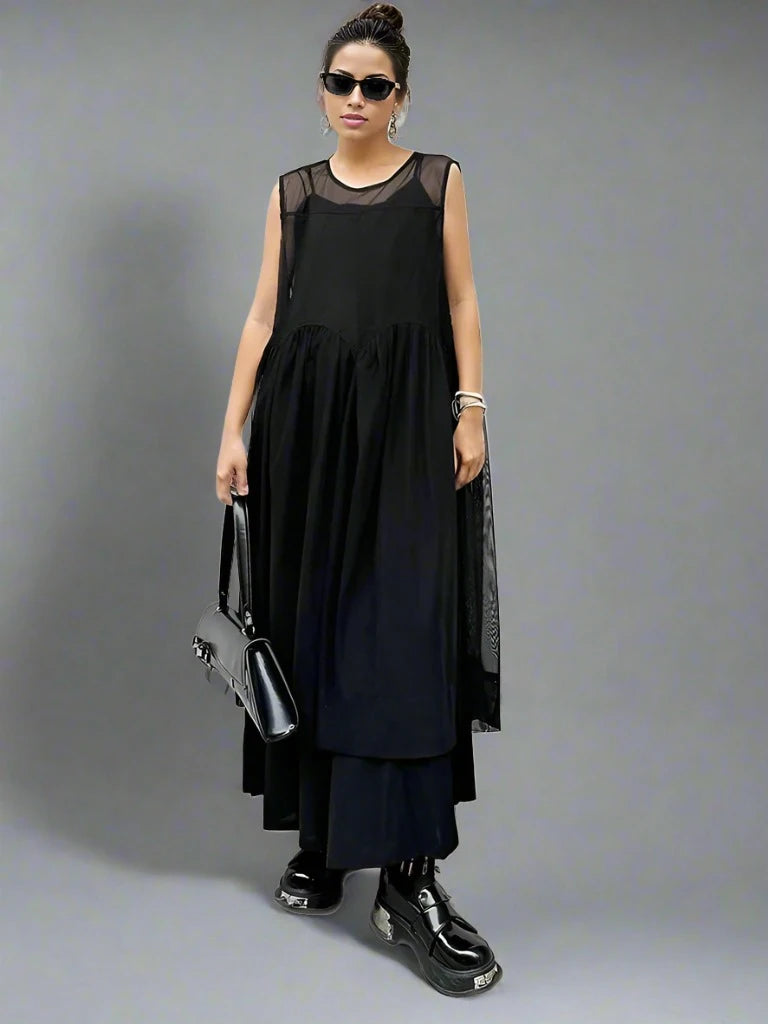Elegant Black Chiffon Overlay Dress with Asymmetrical Hem and Sheer Mesh Design-SimpleModerne