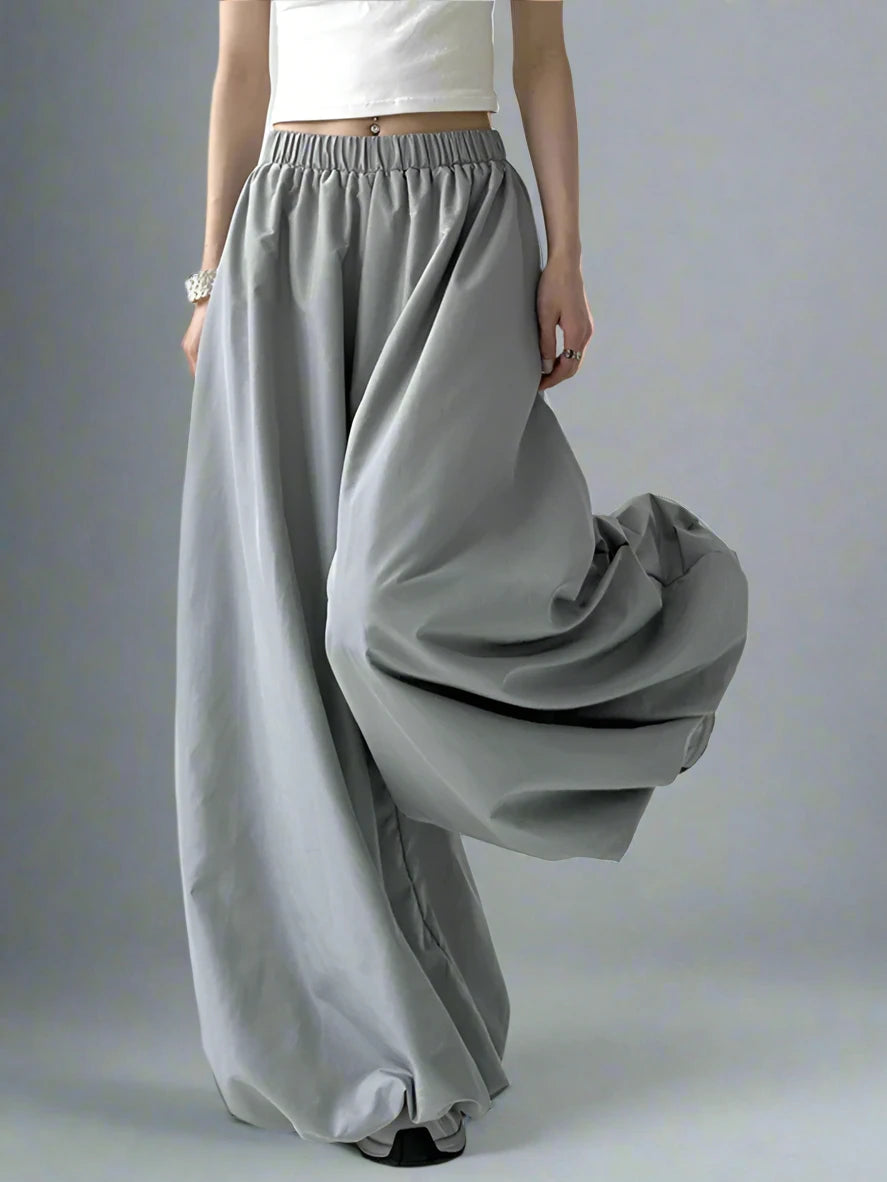 Edgy Wide-Leg Puffed Trousers with Elastic Waist - Punk-Inspired Statement Pants-SimpleModerne