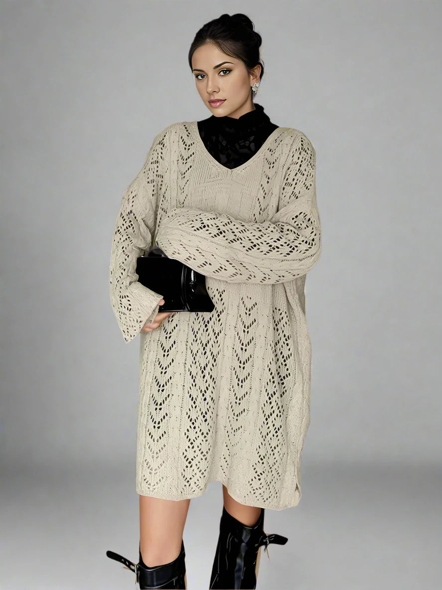 Loose-Fitting V-Neck Sweater - Casual Knit with Full Sleeves-SimpleModerne