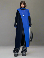 Color Block Maxi Knitted Pullover with Overlay Split – Black & Blue-SimpleModerne