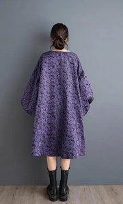 Purple Floral Lantern Sleeve Asymmetrical Dress - Elegant Winter-Ready Design-SimpleModerne