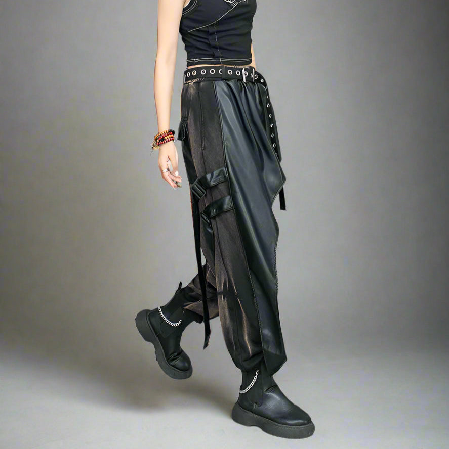 Punk-Inspired Trousers with Vegan Leather Overlay and Vintage Finish-SimpleModerne