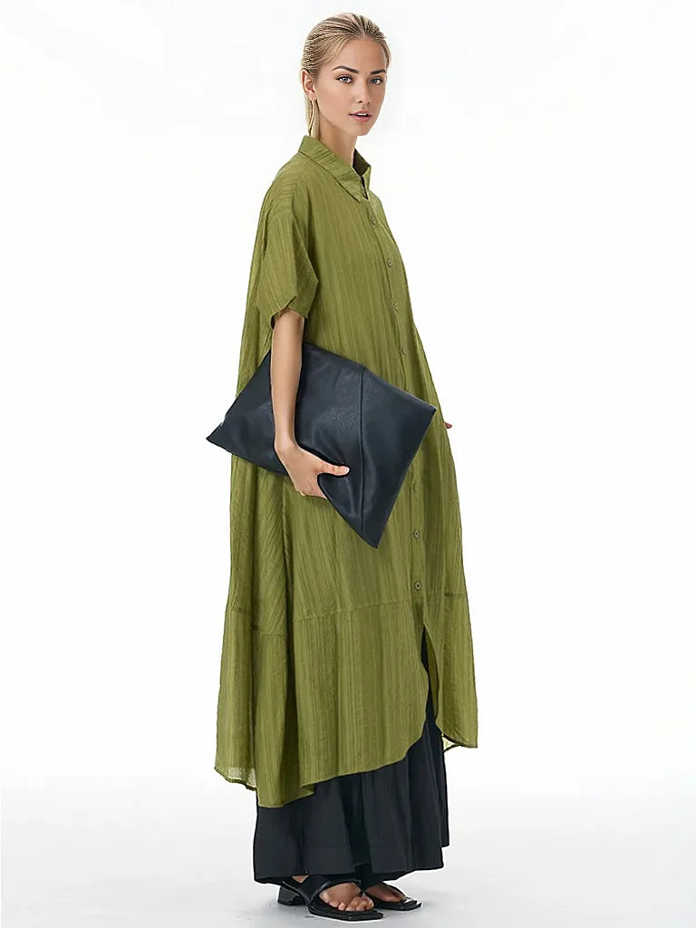 Elegant Green Button-Up Shirt Dress with Curved Hem-SimpleModerne