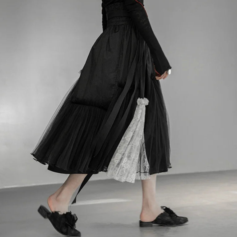 Casual Minimal Goth Layered Lace & Tulle Skirt-SimpleModerne