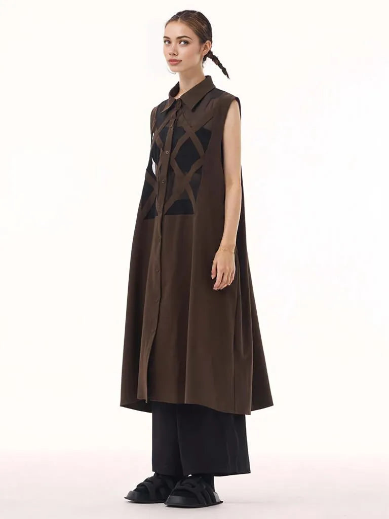 Edgy Sleeveless Shirt Dress with Chiffon Inserts and Button Closure-SimpleModerne