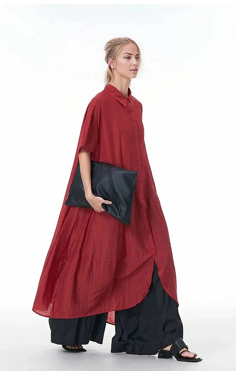 Elegant Red A-Line Button-Up Midi Dress with Flowy Design-SimpleModerne