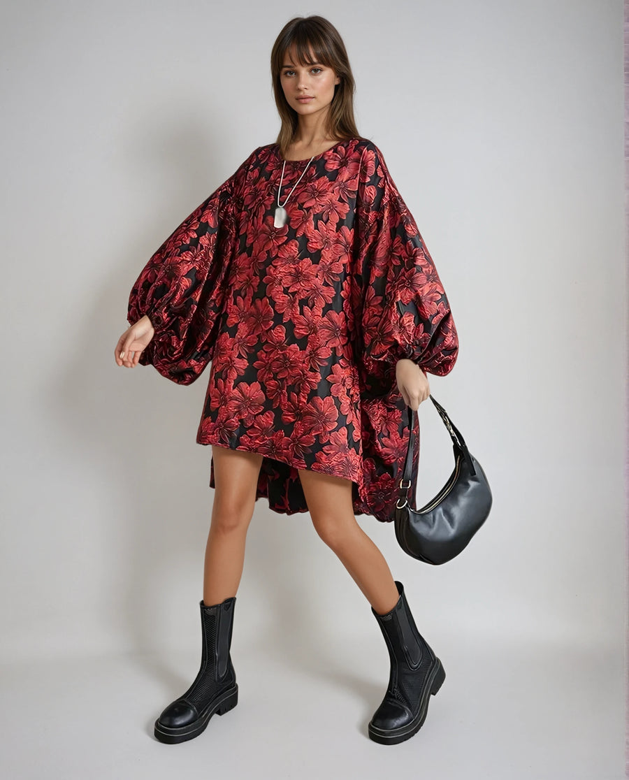 Red Floral Lantern Sleeve Asymmetrical Winter Dress – High-Low Pullover Style