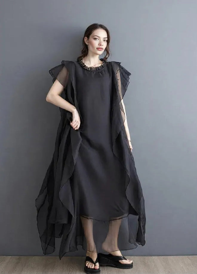 Black Flowing Sleeveless Chiffon Maxi Dress with Layered Ruffles-SimpleModerne