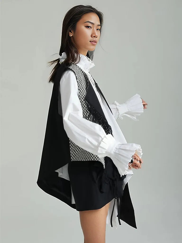 Asymmetrical Patchwork Vest with Fringe Decoration – Edgy Office Style-SimpleModerne