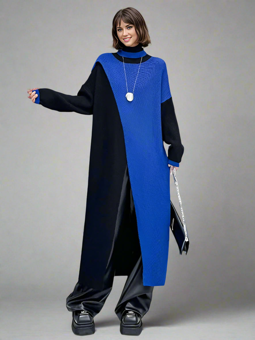 Color Block Maxi Knitted Pullover with Overlay Split – Black & Blue-SimpleModerne