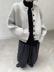 Oversized Knit Cardigan with Contrasting Patterns-SimpleModerne