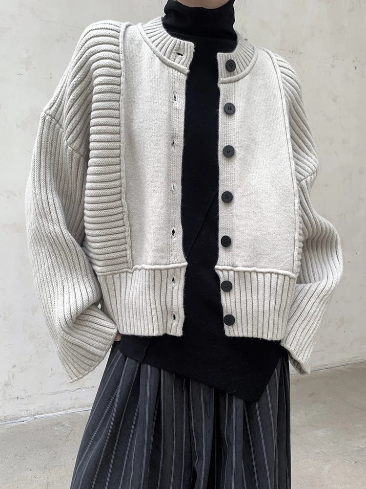 Oversized Knit Cardigan with Contrasting Patterns-SimpleModerne