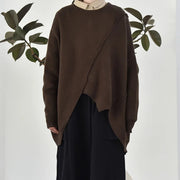 Coffee Brown Asymmetric Hem Pullover with Long Sleeves – Casual Cozy Fit