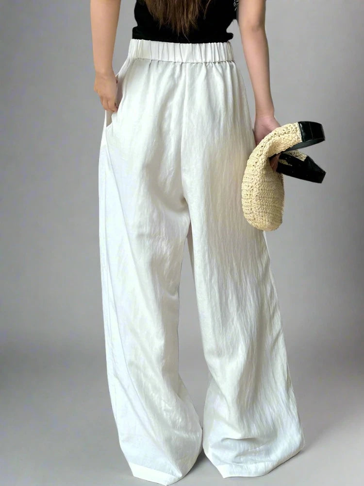 Cream White Cotton/Linen Trousers with Asymmetrical Waistline-SimpleModerne