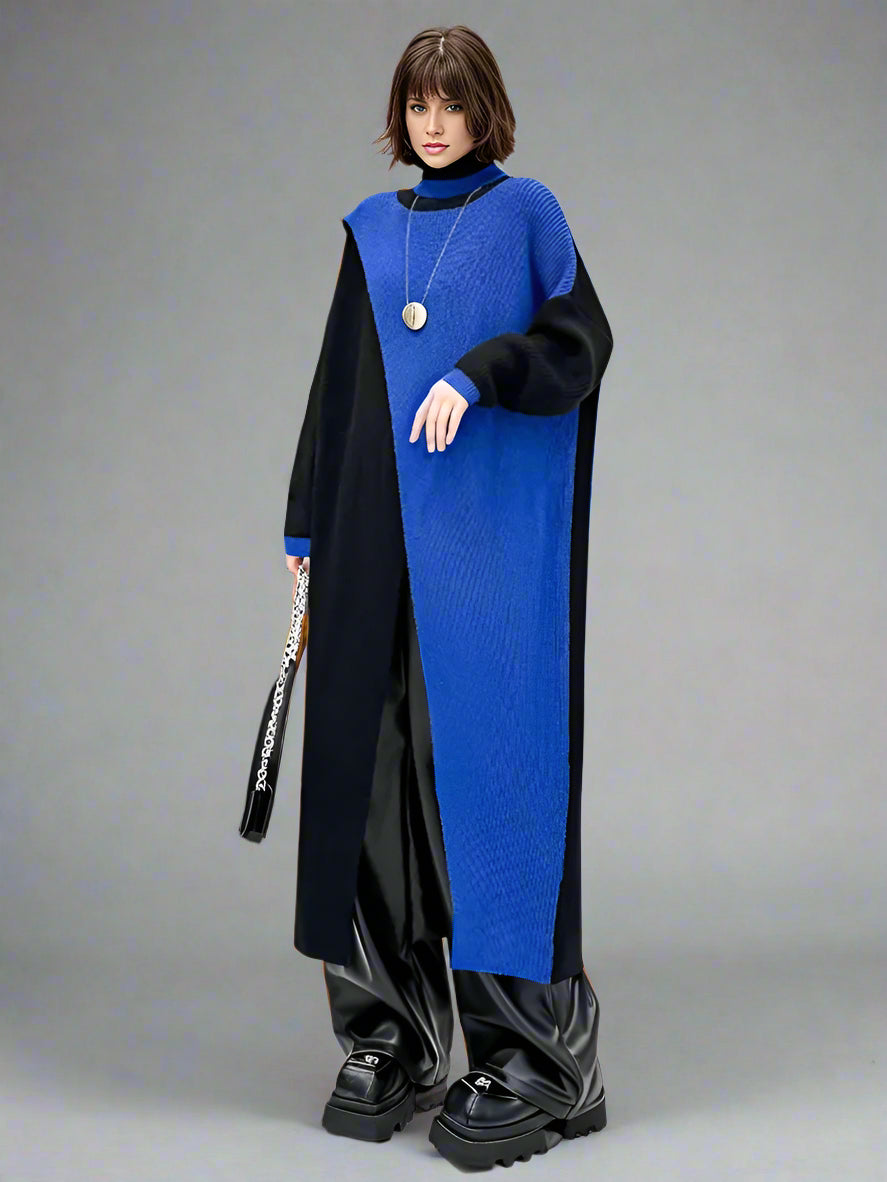 Color Block Maxi Knitted Pullover with Overlay Split – Black & Blue