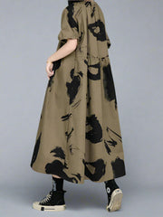 Khaki Bardot Punk Dress with Black Abstract Print – Edgy Off-Shoulder Mid-Calf Style