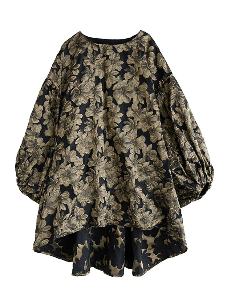 Baroque Floral Brocade Mini Dress with Dramatic Puffed Sleeves-SimpleModerne