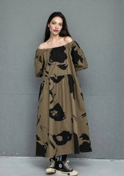 Khaki Bardot Punk Dress with Black Abstract Print – Edgy Off-Shoulder Mid-Calf Style