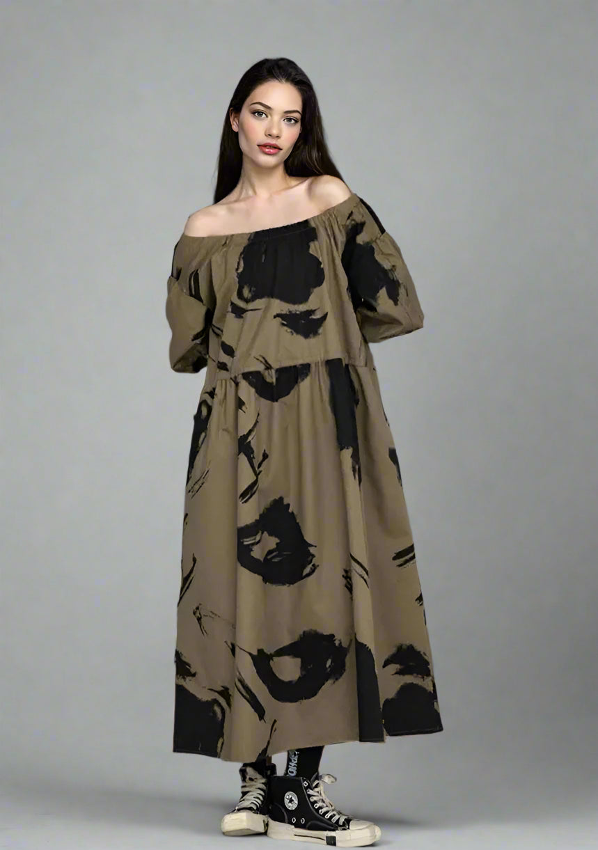 Khaki Bardot Punk Dress with Black Abstract Print – Edgy Off-Shoulder Mid-Calf Style