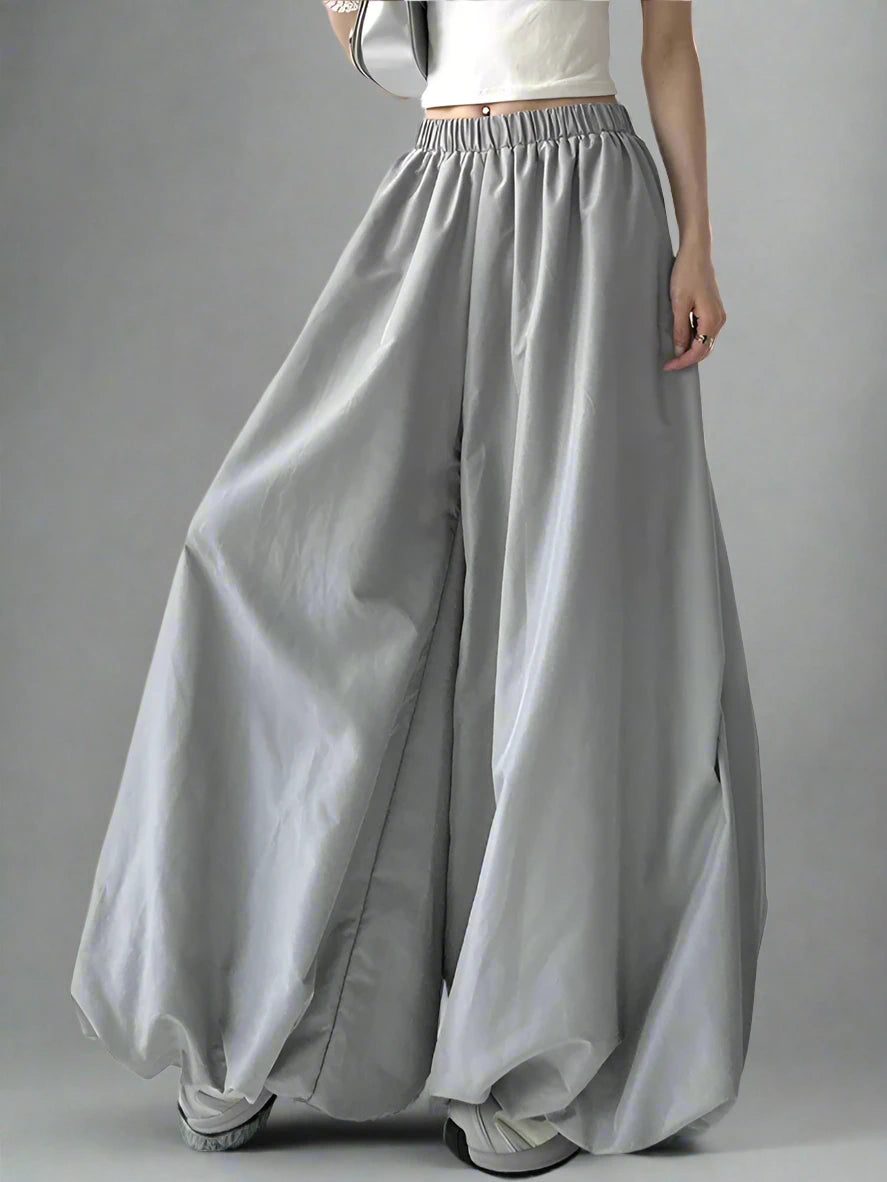 Edgy Wide-Leg Puffed Trousers with Elastic Waist - Punk-Inspired Statement Pants-SimpleModerne