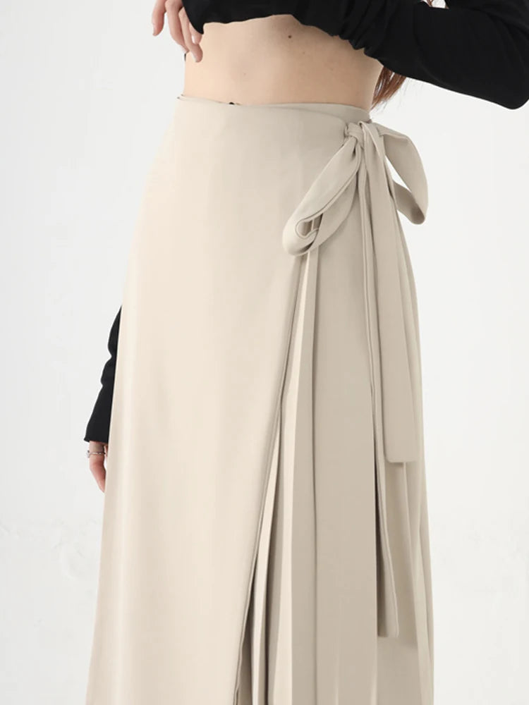 Apricot Beige Skirt-Pant Hybrid with Pleated Overlay – Sophisticated and Unique Mid-Calf Design-SimpleModerne