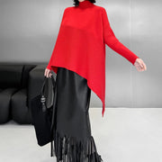 Knitted Asymmetrical Pullover with Turtleneck – Classic Black & Bold Red-SimpleModerne