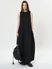 Maxi Potato Bag Dress with Deep V-Neckline - Black-SimpleModerne