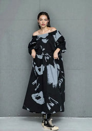 Black and Gray Bardot Punk Dress with Abstract Print-SimpleModerne