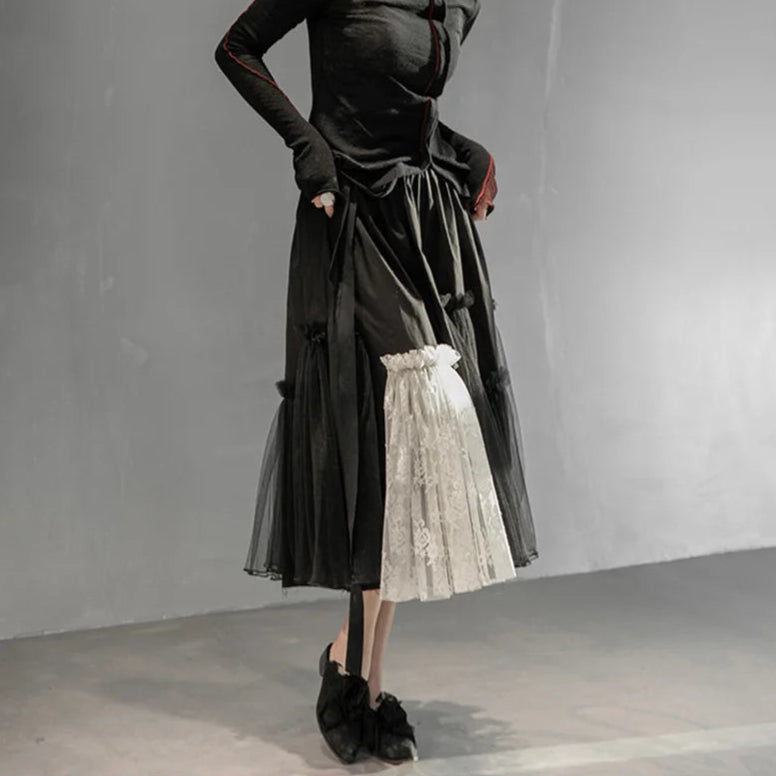 Casual Minimal Goth Layered Lace & Tulle Skirt-SimpleModerne