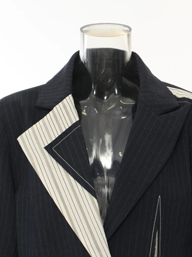 Asymmetrical Navy Blue Pinstripe Blazer with Contrast Panels-SimpleModerne