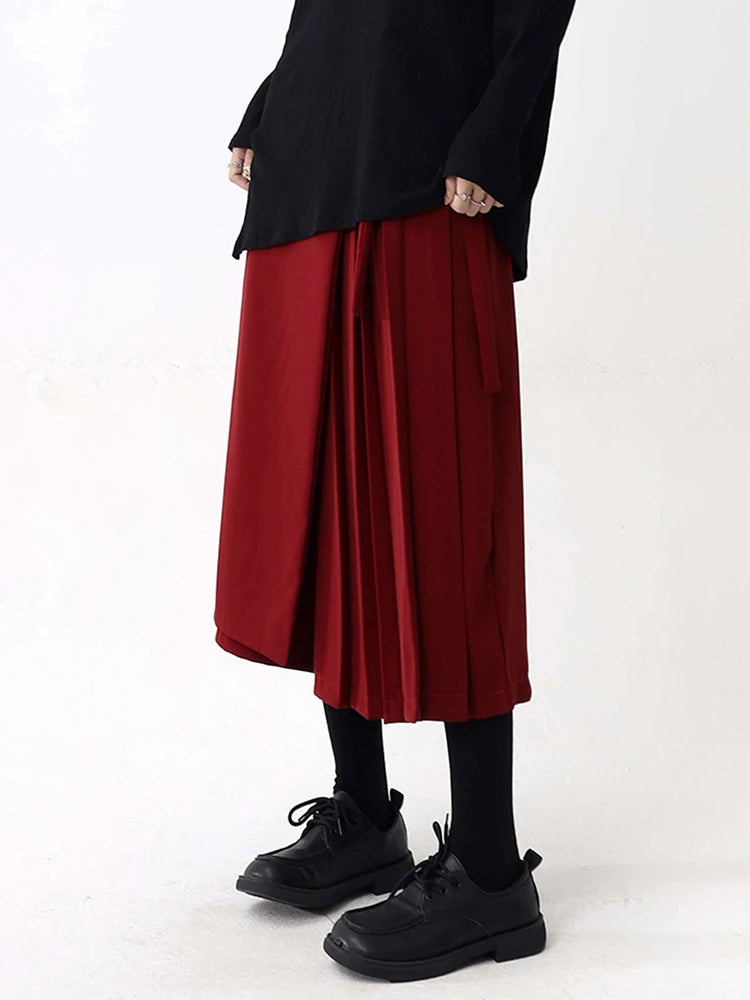 Asymmetrical Overlay Pleated Trousers – Red-SimpleModerne