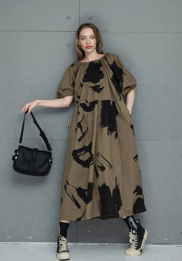 Khaki Bardot Punk Dress with Black Abstract Print – Edgy Off-Shoulder Mid-Calf Style