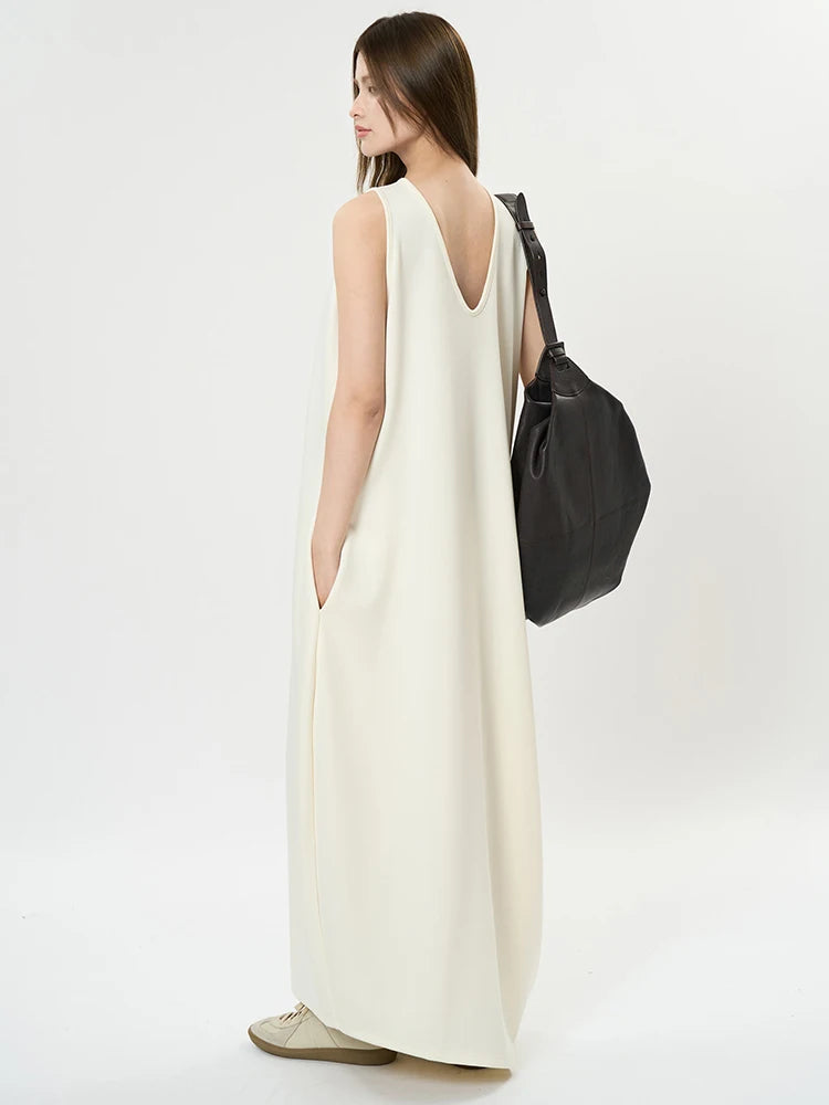 Maxi Potato Bag Dress with Deep V-Neckline - Beige-SimpleModerne