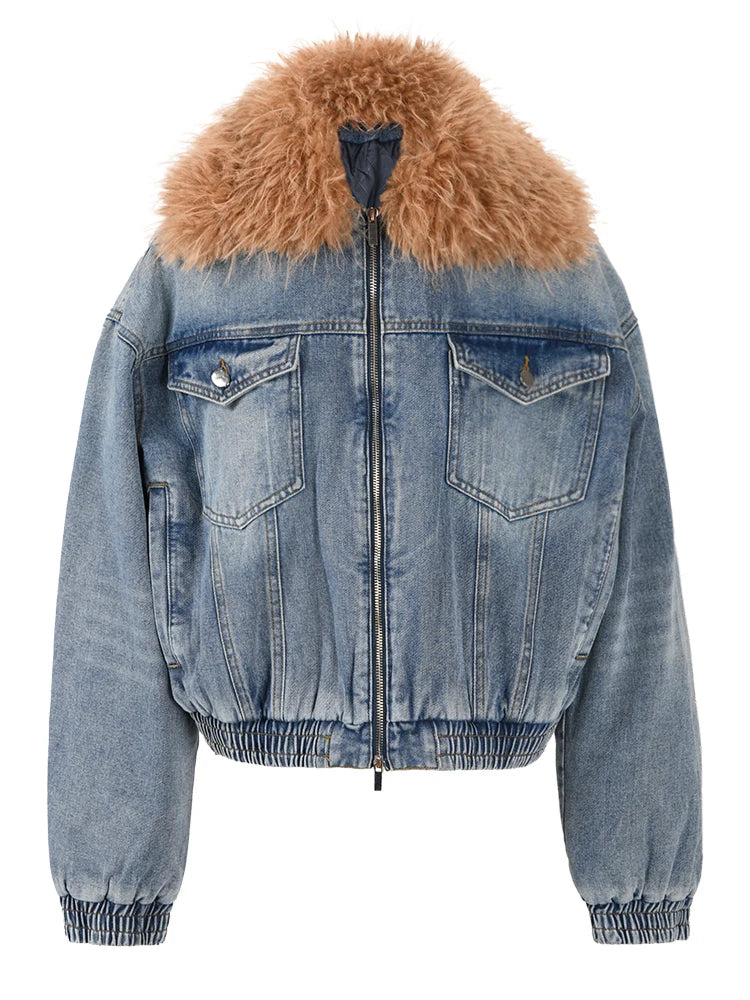 Denim Bomber Jacket with Faux Fur Collar-SimpleModerne