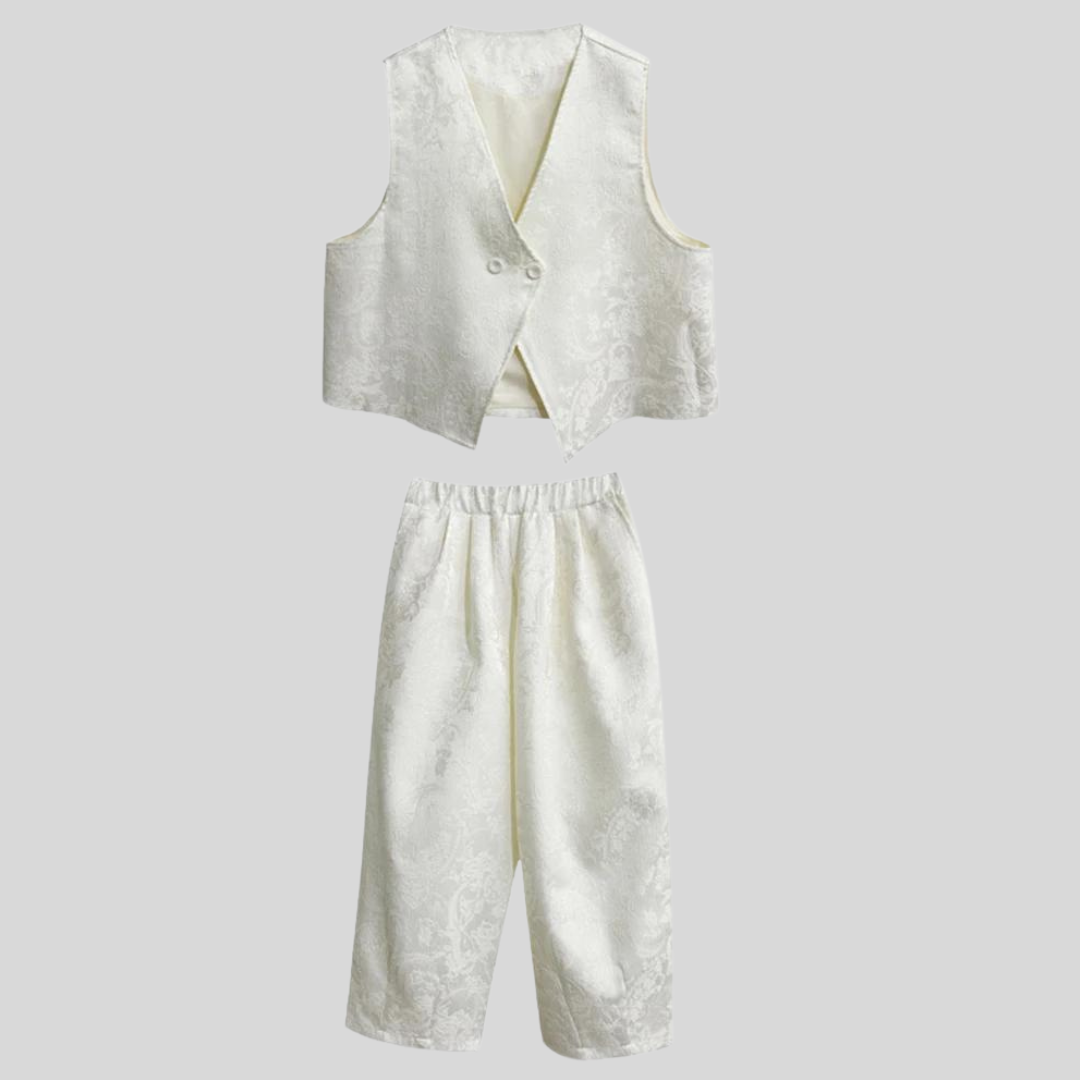 Miss Office Punk Ivory Brocade Trousers and Vest Set-SimpleModerne