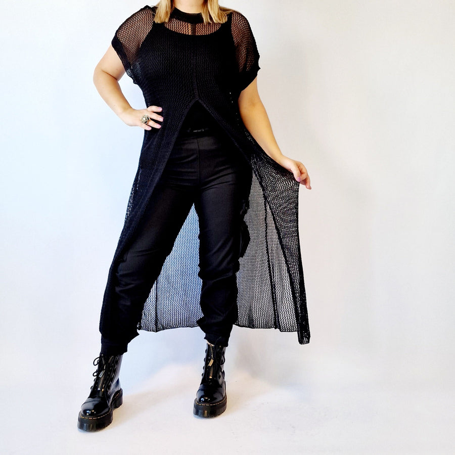 Simple Moderne Maxi Black Net Shirt With Deep Split-SimpleModerne