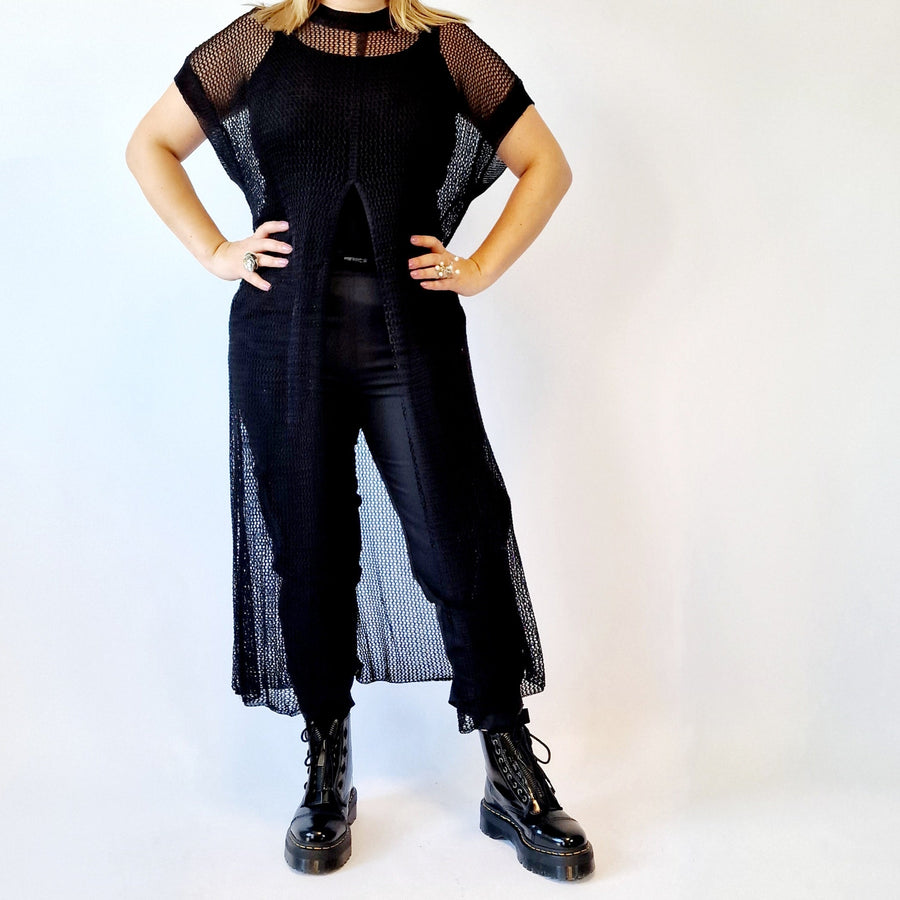 Simple Moderne Maxi Black Net Shirt With Deep Split-SimpleModerne