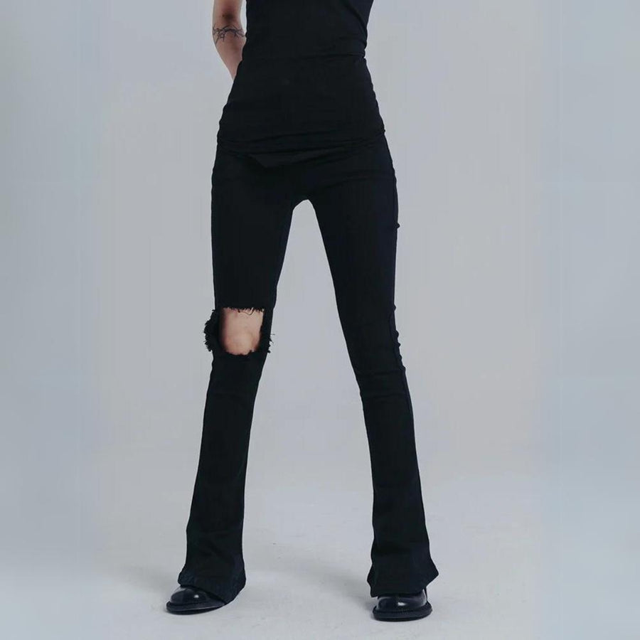 Distressed Black Flare Jeans with Knee Rip Detail-SimpleModerne