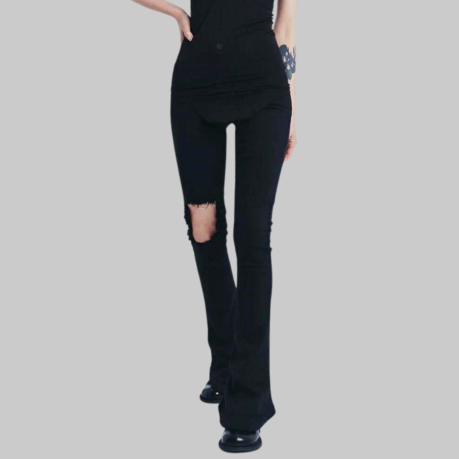 Distressed Black Flare Jeans with Knee Rip Detail-SimpleModerne