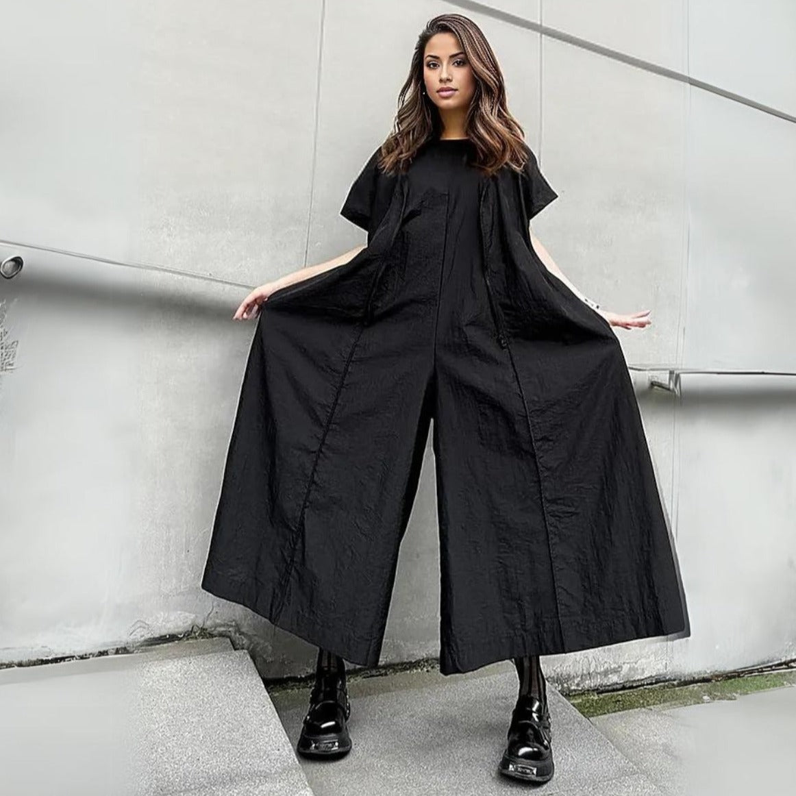 Wide-Leg Black Jumpsuit with Zipper Detail-SimpleModerne