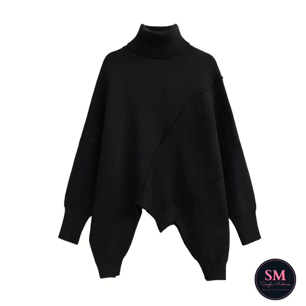 Simple Moderne Asymmetrical Cut Knitted Black Pullover