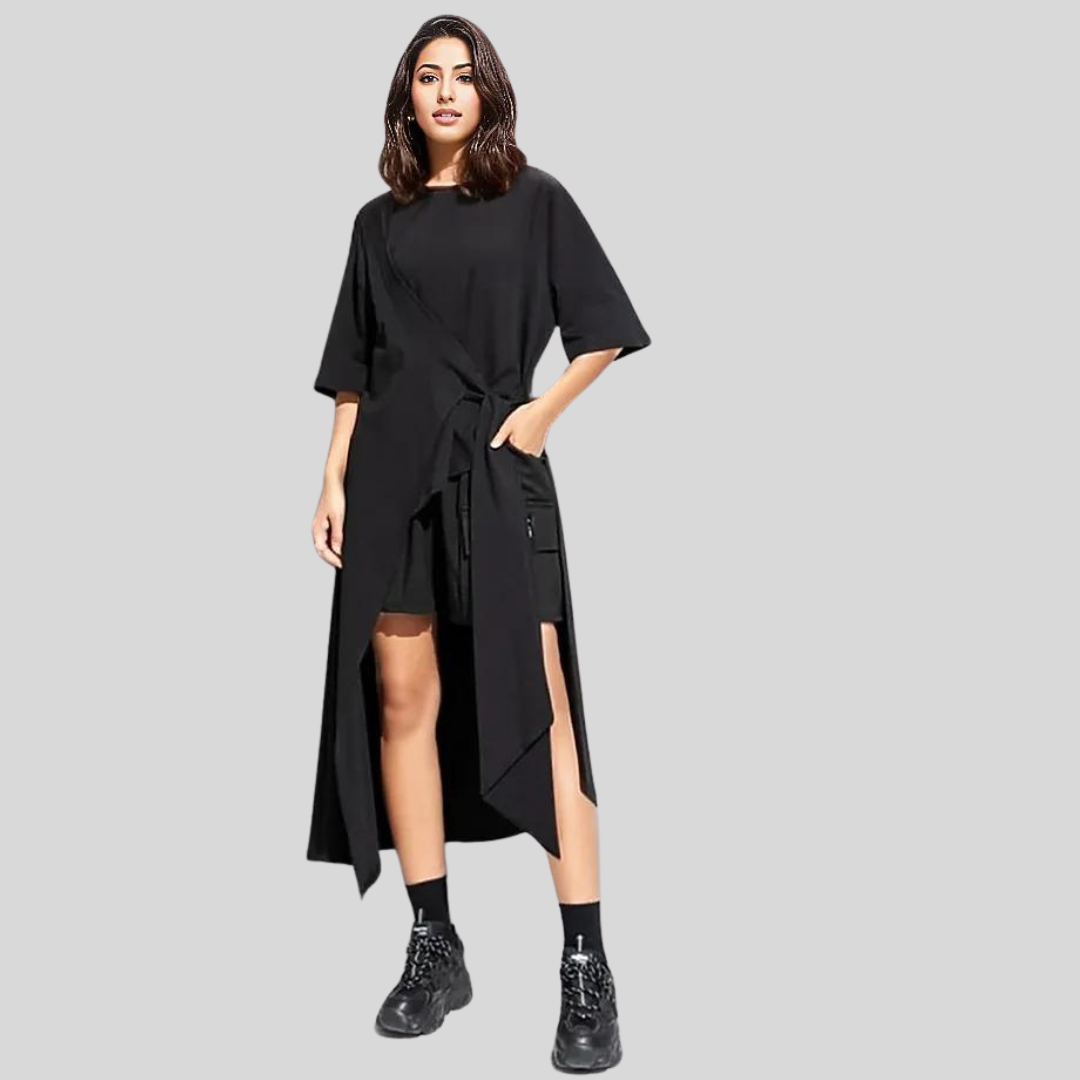 Casual Punk Irregular Design Maxi Black Shirt-SimpleModerne