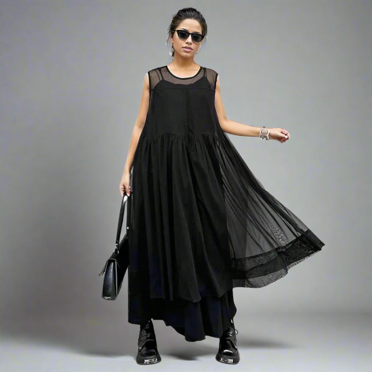 Elegant Black Chiffon Overlay Dress with Asymmetrical Hem and Sheer Mesh Design-SimpleModerne
