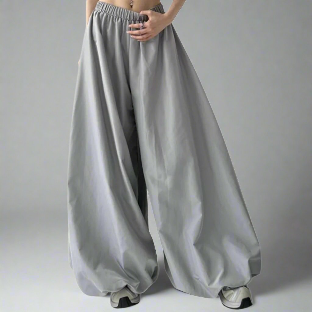 Edgy Wide-Leg Puffed Trousers with Elastic Waist - Punk-Inspired Statement Pants-SimpleModerne