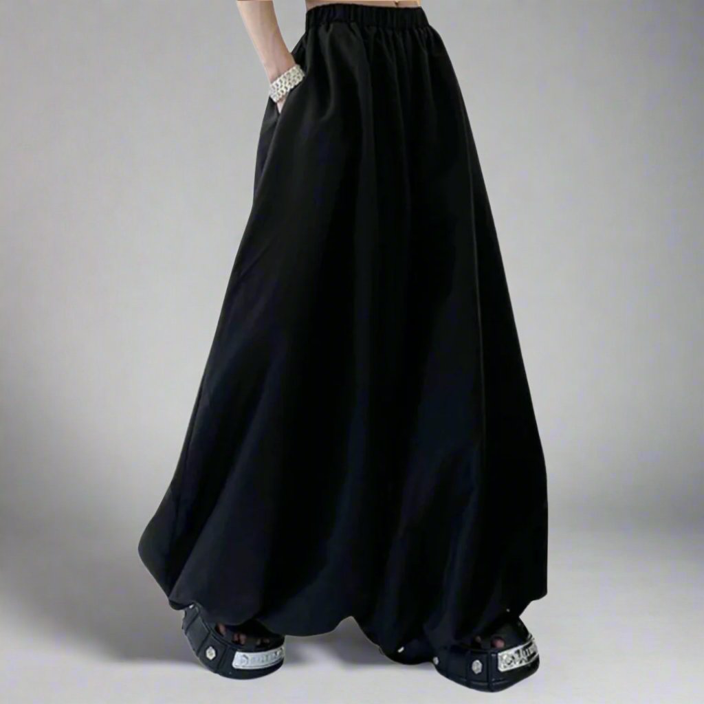 Edgy Wide-Leg Puffed Trousers with Elastic Waist - Punk-Inspired Statement Black Pants-SimpleModerne